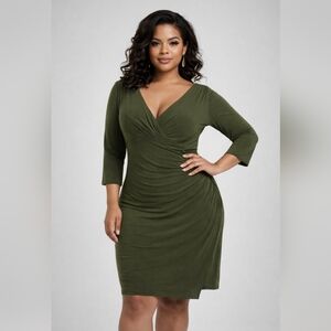 American Living Olive Green 3/4 Sleeve Faux Wrap Dress Sz12